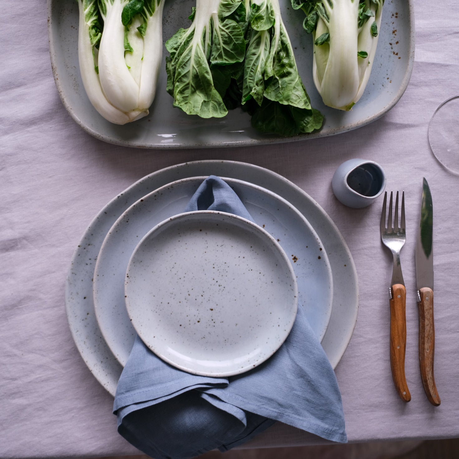 Three piece dinner set with handmade rectangle platter, and handmade jus jug