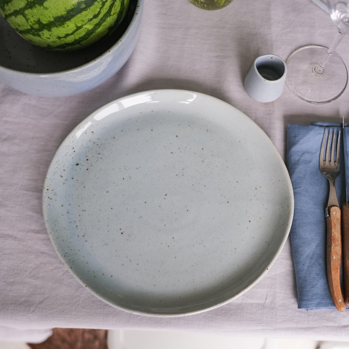 Handmade large stoneware blue speckle dinner plate by Palinopsia Ceramics